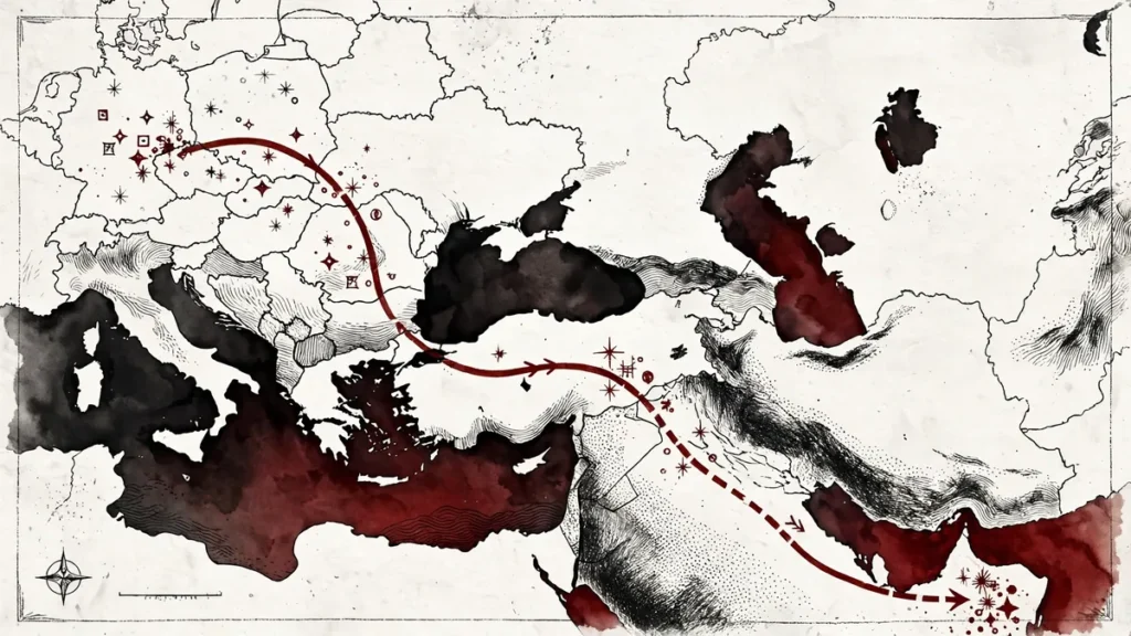 Abu Dhabi talks November 2026: stylised map of Eastern Europe and the Middle East with route to the Gulf