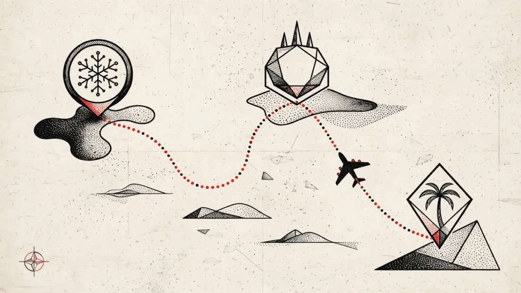 Stylised diplomatic route map connecting Oslo, Saint Petersburg and Abu Dhabi