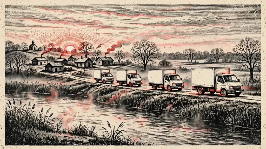 Humanitarian aid convoy on a road beside a river at dawn
