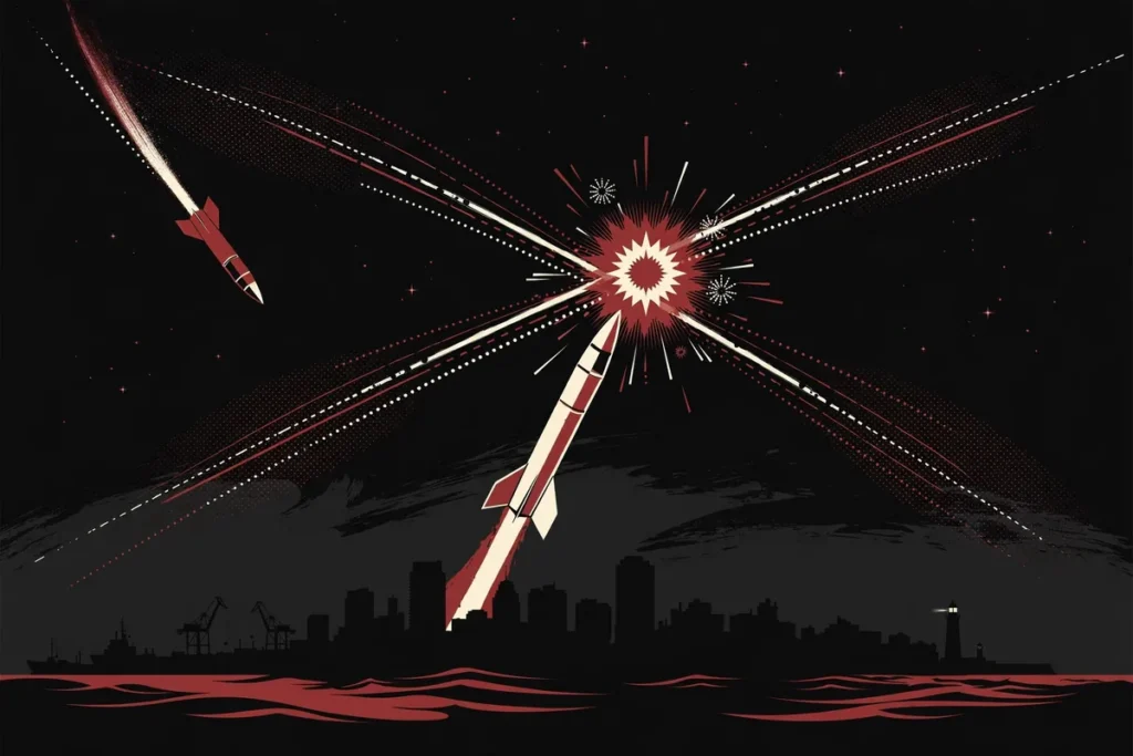 Editorial illustration of missile interception over a coastal city at night — Aden palace missile strike 2026