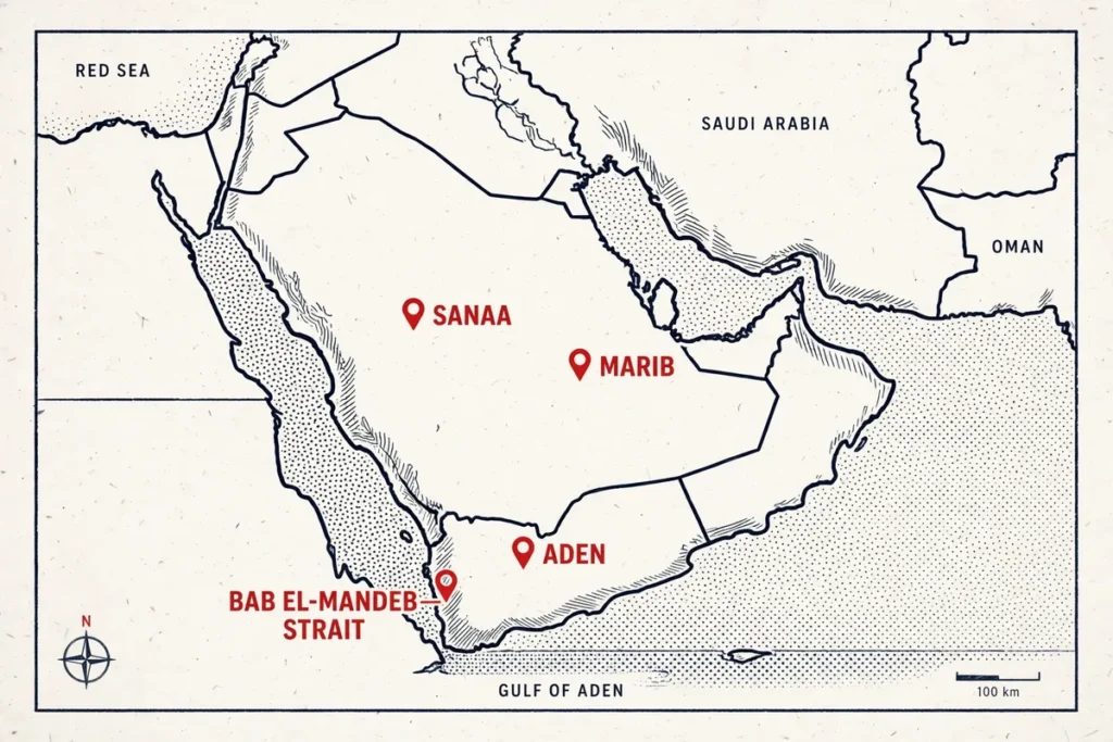 Map of Yemen showing Aden, Sanaa, Marib and the Bab el-Mandeb strait — Aden palace strike explained