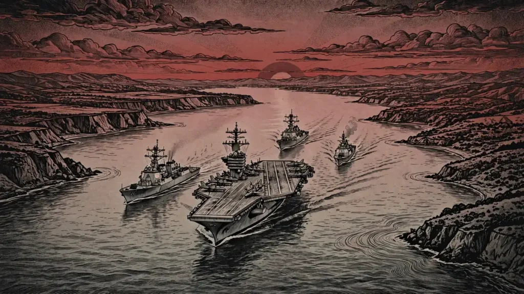 Admiral Brad Cooper: The CENTCOM Chief Briefing Trump on Iran 1 Editorial illustration of a US Navy carrier strike group sailing through a Gulf waterway at dusk, symbolizing CENTCOM's maritime mission