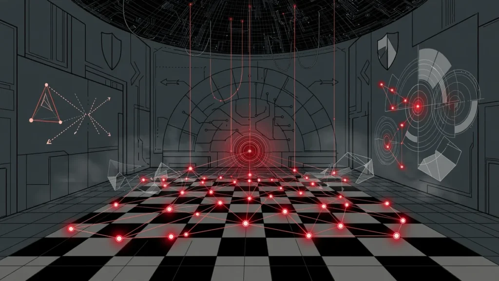 AGI warfare: abstract strategy chamber with neural network nodes over a giant chessboard motif