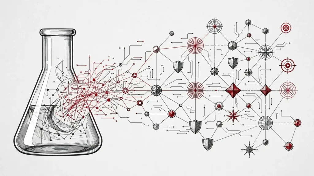AGI warfare: laboratory flask merging with a military network diagram, symbolic research imagery