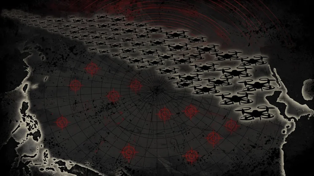 AI China US war: AI drone swarm illustration for autonomous warfare between US and China