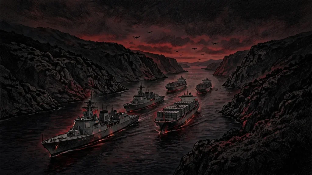 Naval convoy in the Strait of Hormuz facing AI-assisted drone threats in the Iran war