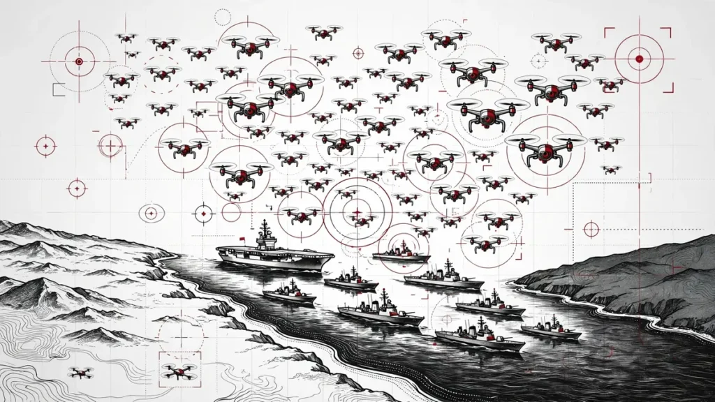 AI drone swarms over a contested Taiwan Strait in a hypothetical US-China war scenario