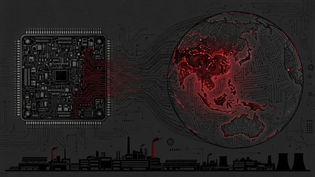 Semiconductor chip and globe symbolizing Taiwan's AI chip dominance in war scenarios