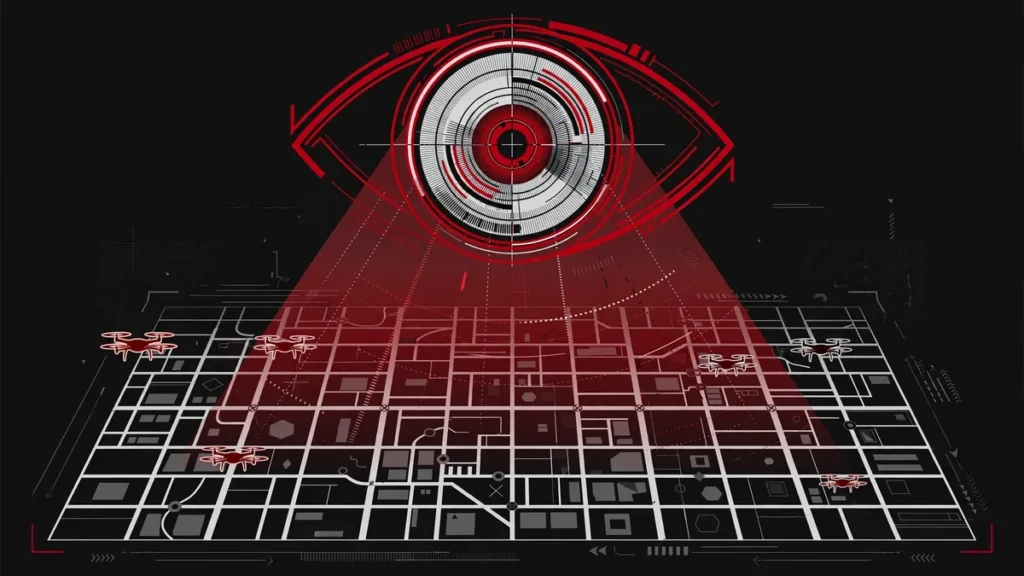 AI warfare: abstract illustration of machine-vision analysis scanning a map grid with drone silhouettes