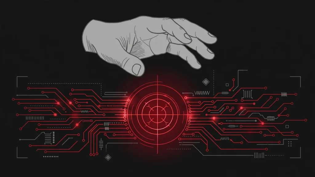 AI warfare human judgment: stylized hand over glowing circuit pathway intersecting a crosshair