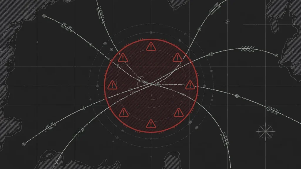 Stylised aviation map showing flight paths diverging around a restricted airspace zone