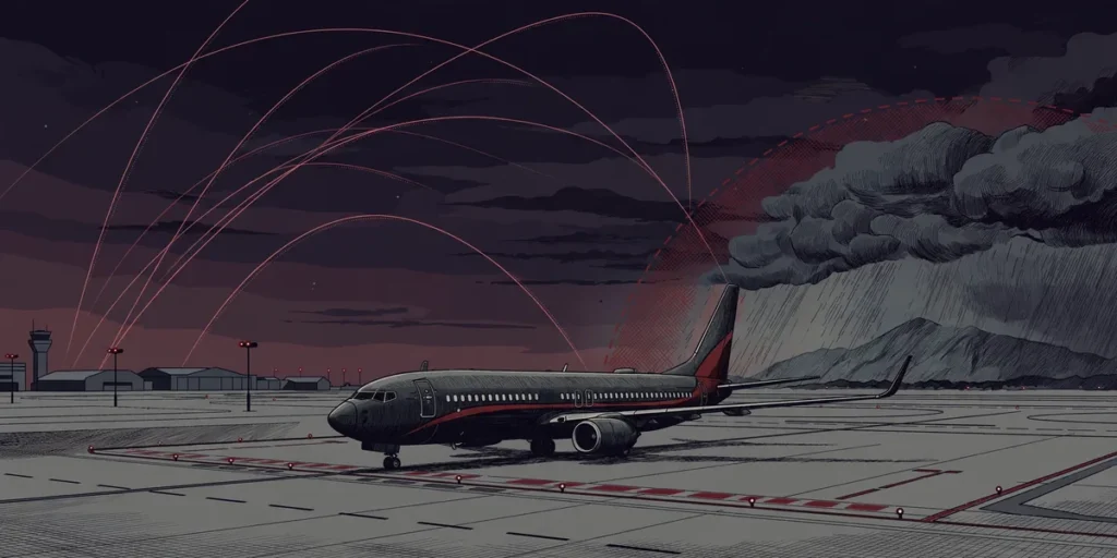Commercial airliner on a tarmac at dusk with diverted route arcs bending away from a restricted area