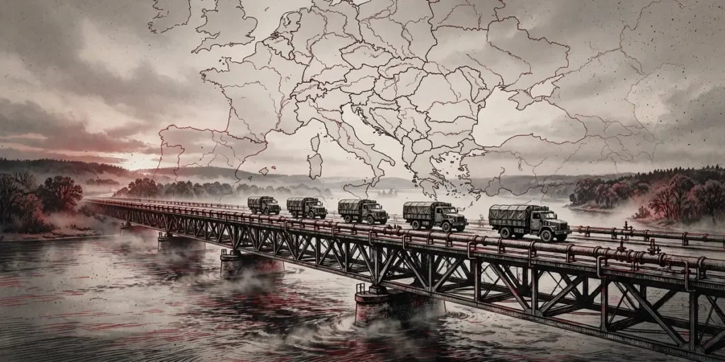 Editorial illustration of a military supply convoy crossing a European bridge, symbolizing EU military mobility