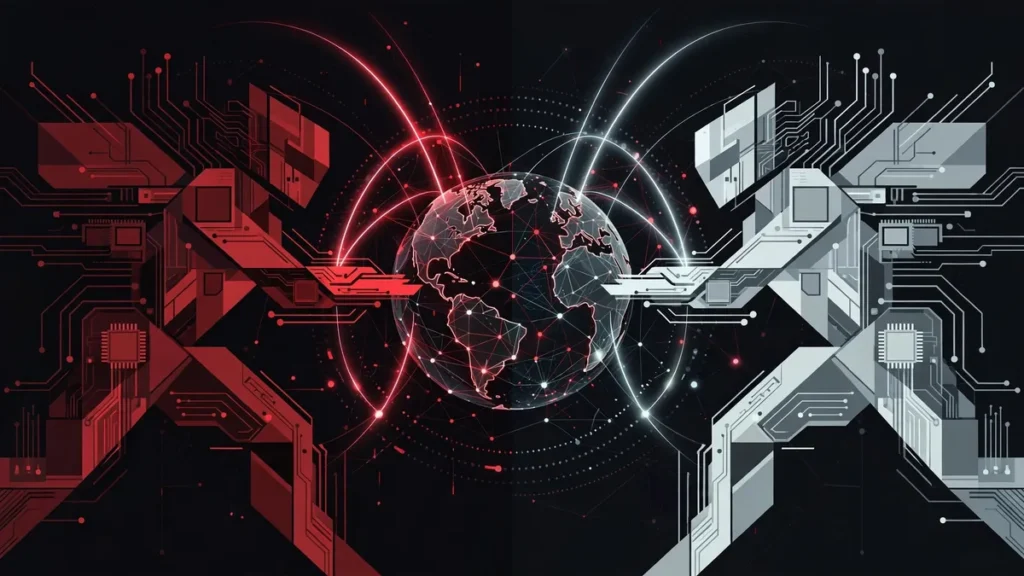 Editorial illustration of AI attack and defense clashing over a networked globe - Anthropic Cyber Mission dual-use tension