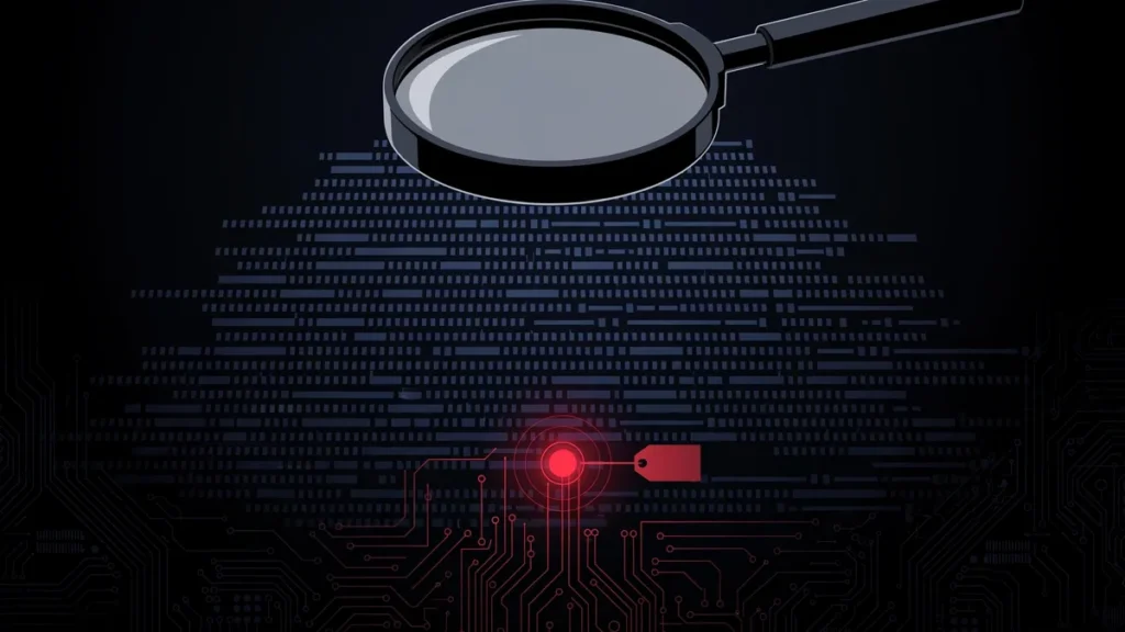 Editorial illustration of a magnifying lens scanning open-source code for vulnerabilities - Anthropic OSS Scanner