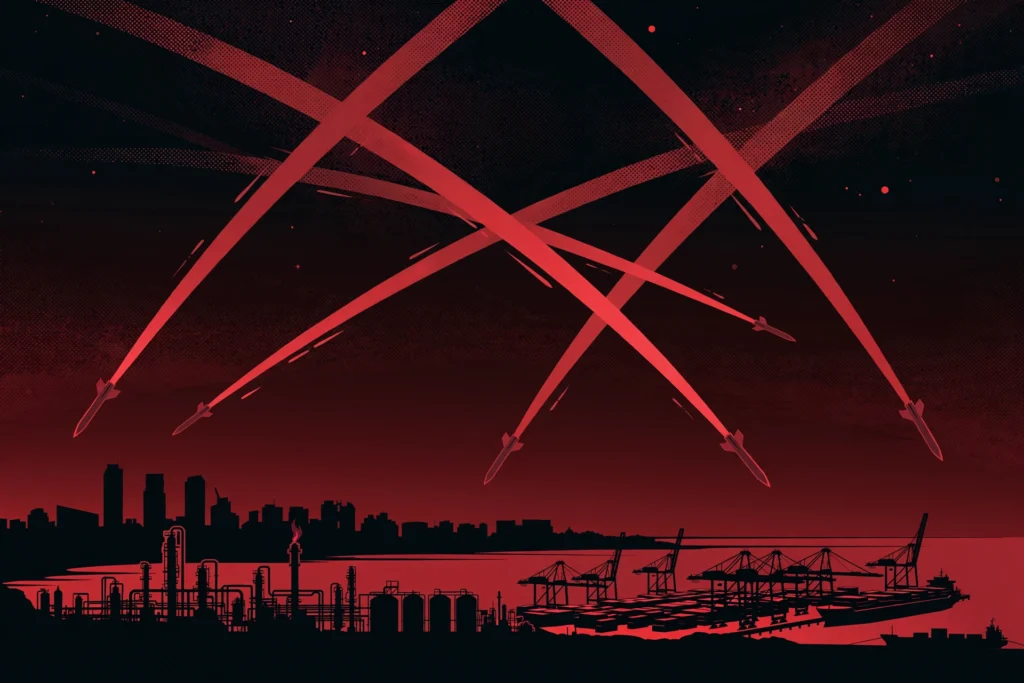 AI-generated illustration of air defence interceptor trails over a Gulf coastal city skyline during the Houthi missile campaign