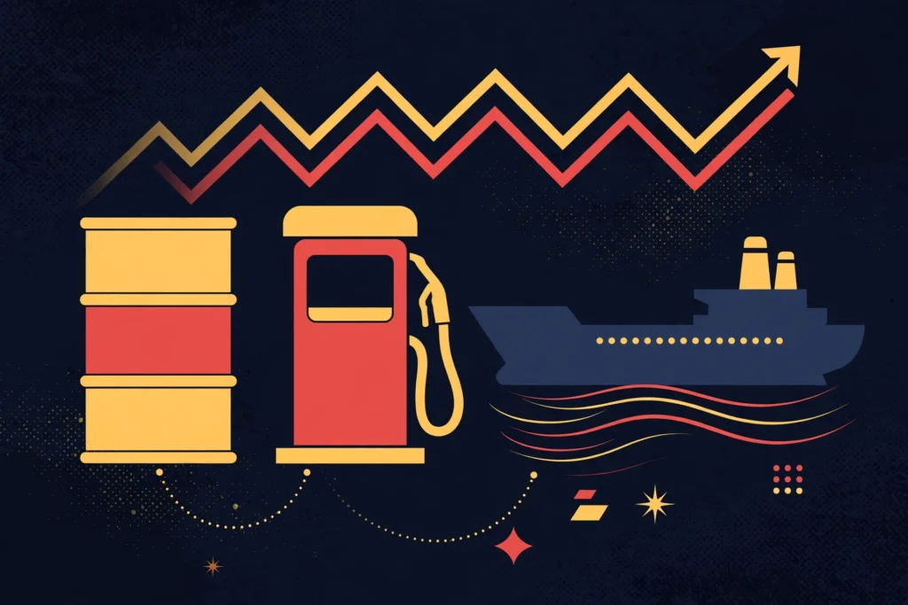 AI-generated infographic illustration of an oil barrel, fuel pump and tanker ship symbolising rising energy prices after the Aramco HQ missile strike