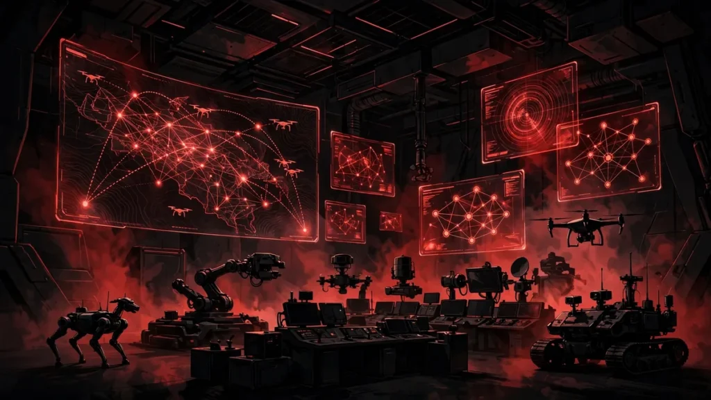 AI-generated illustration of an autonomous warfare command center