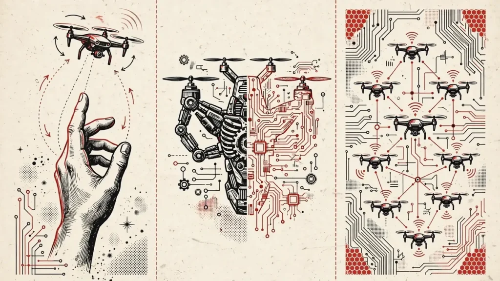 AI-generated illustration of the three levels of autonomous warfare: AI-assisted, semi-autonomous and fully autonomous