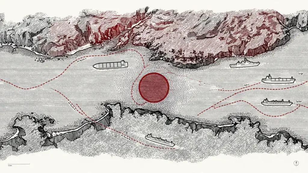 Editorial illustration of cargo ships diverting around a marked danger zone in the Bab el-Mandeb strait with dotted alternative shipping routes