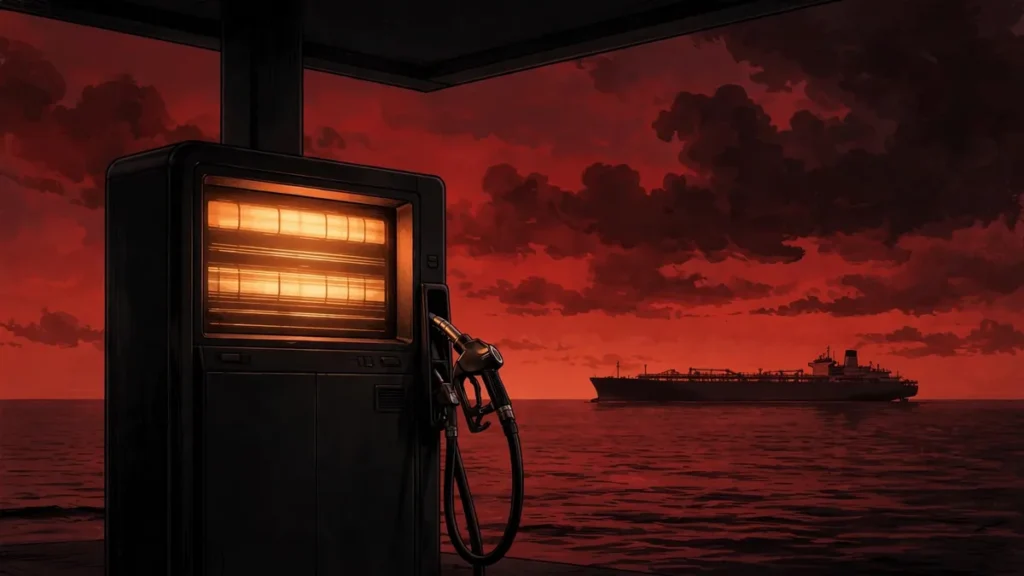Fuel pump at dusk with oil tanker on the horizon, symbolizing diesel price impact