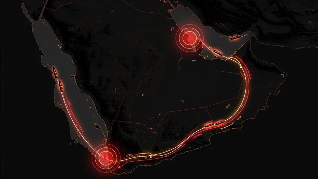 Illustrated map comparing Bab el-Mandeb and Strait of Hormuz oil chokepoints
