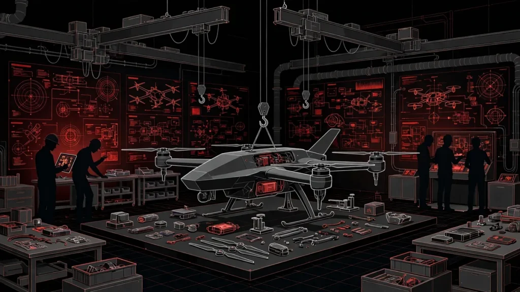 AI-generated editorial illustration of an unmanned combat drone under assembly inside a futuristic defense production facility — Badr MoU explainer