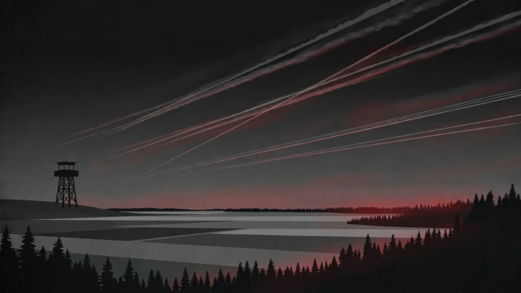 Editorial illustration of a northern border watchtower landscape at dusk