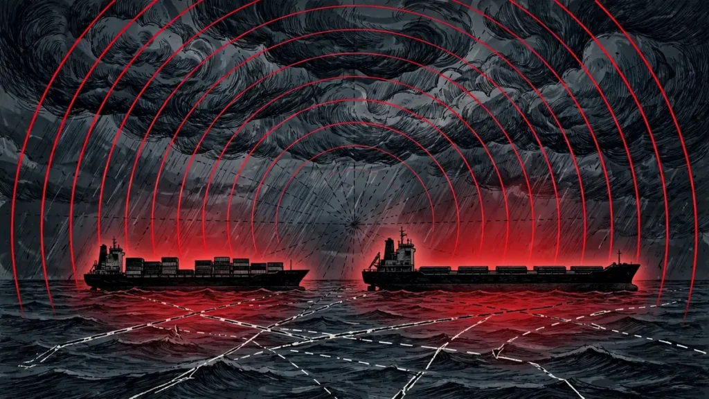 Editorial illustration of a bulk carrier under storm clouds with red risk-alert glow, symbolizing Black Sea shipping disruption and war-risk insurance exposure after the Bulgaria drone attack of October 2026
