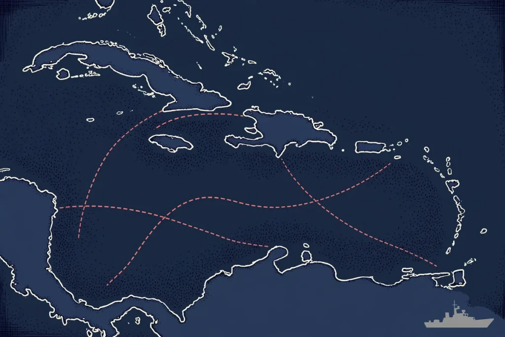 Stylized map of Caribbean narco-trafficking routes with US patrol vessel — Caribbean boat strike