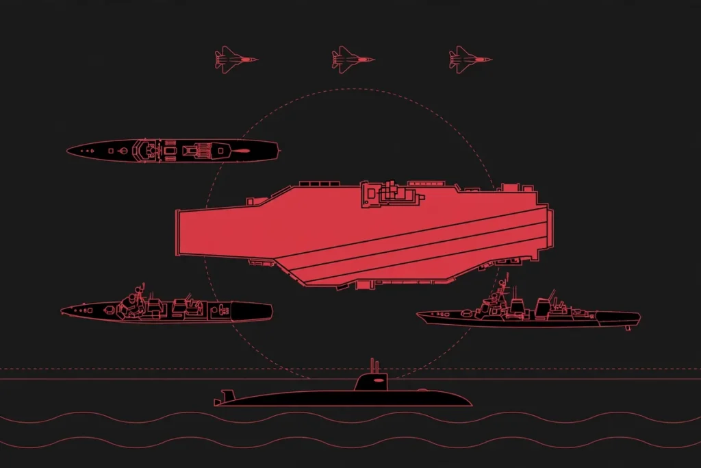 Diagram-style illustration of a US carrier strike group composition with an aircraft carrier, cruiser, destroyers and submarine