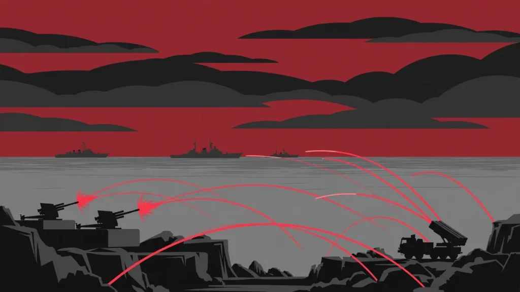 Editorial illustration of PLA coastal artillery batteries firing during naval exercises
