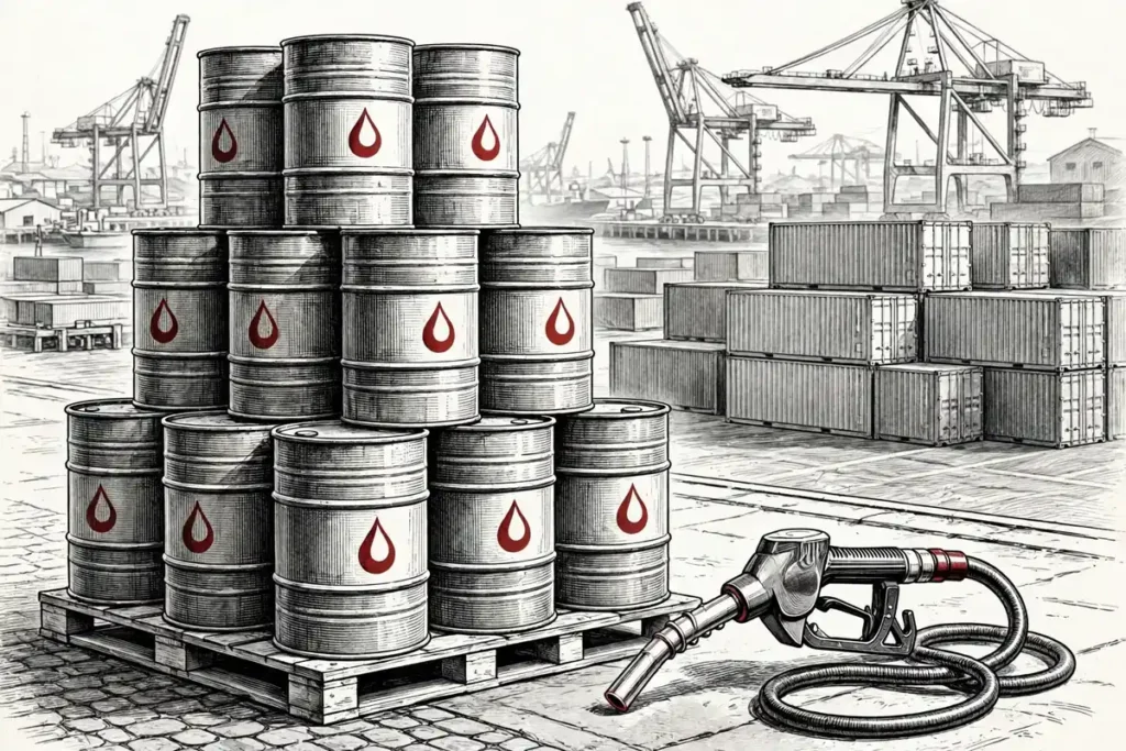 Fuel barrels and a diesel pump at an Asian port amid China's October fuel export suspension