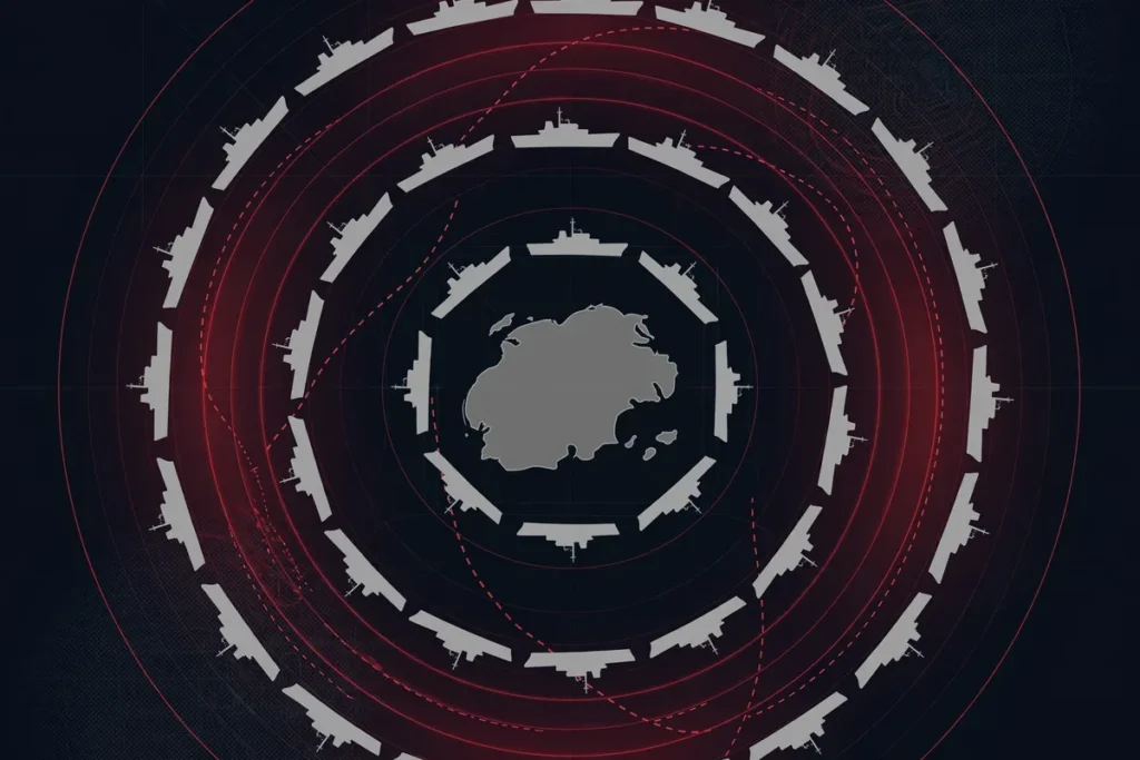 Gray-zone maritime pressure concept: coast guard cutters encircling an island as China Taiwan coast guard patrols explained