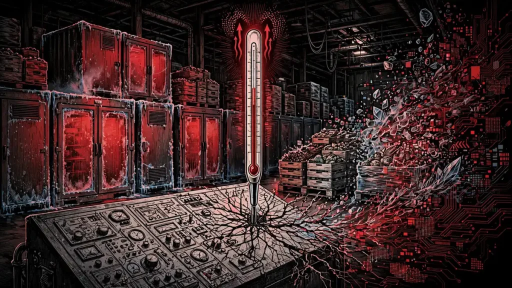 Editorial illustration: glowing cold-storage units in a warehouse with rising digital temperature and circuit fracture lines