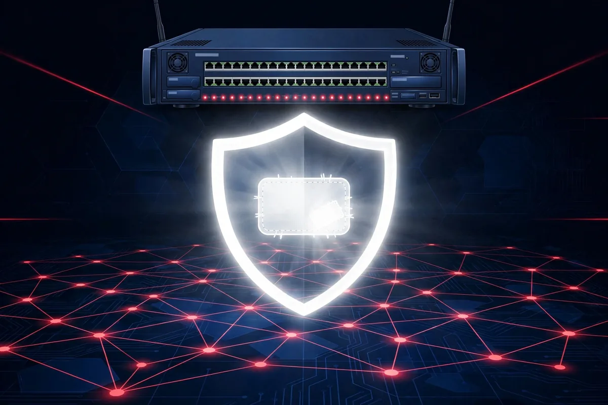 Illustration of a firewall appliance with a patch shield on a network map, representing CVE-2026-0257 mitigation steps