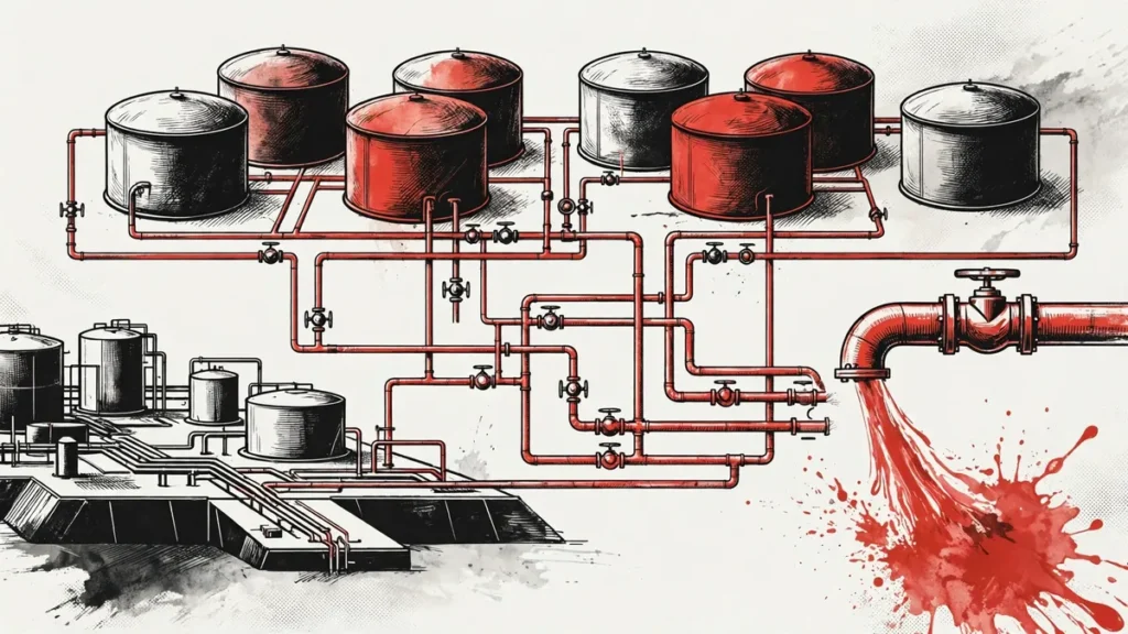 Strategic fuel reserve tanks and pipelines, symbolising the G7 emergency diesel release