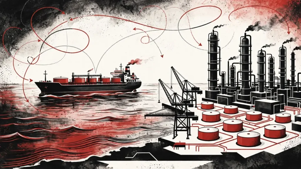 Cargo tanker ship at sea near an oil refinery, symbolising global diesel trade