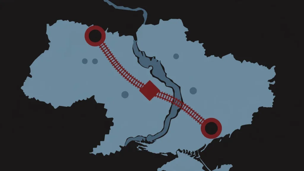 Dnipro train station drone strike October 2026: schematic map of the railway line between Dnipro and Zaporizhzhia