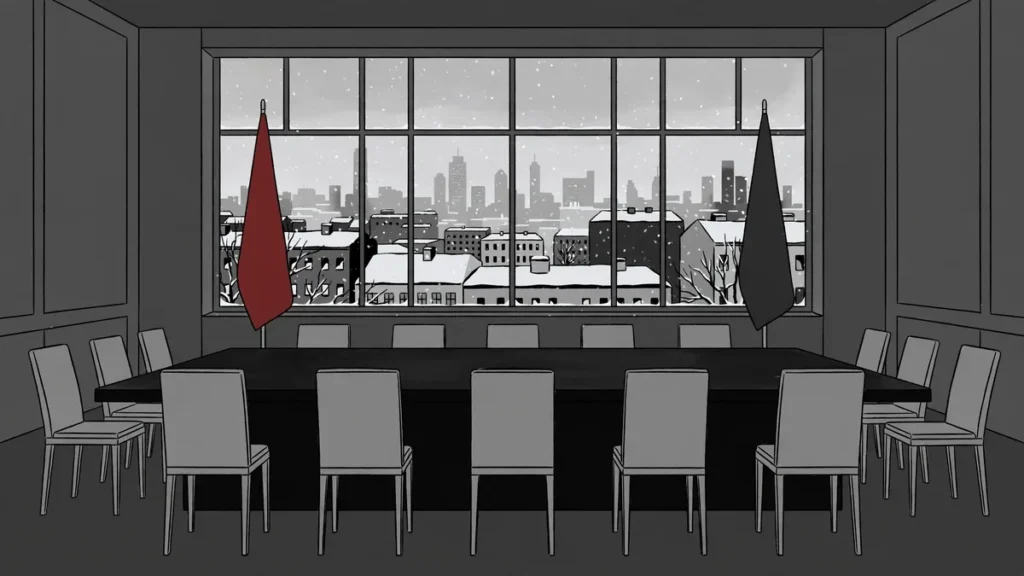 Dnipro train station drone strike October 2026: editorial illustration of an empty negotiating table ahead of Ukraine-Russia talks