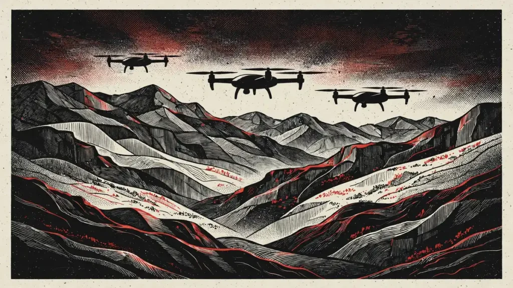 Editorial illustration of drone silhouettes over stylised mountain highlands in eastern Congo