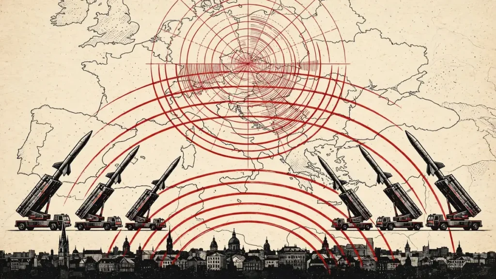 E5 Paris defence pledge: symbolic European air-defence illustration with radar arcs and defensive systems