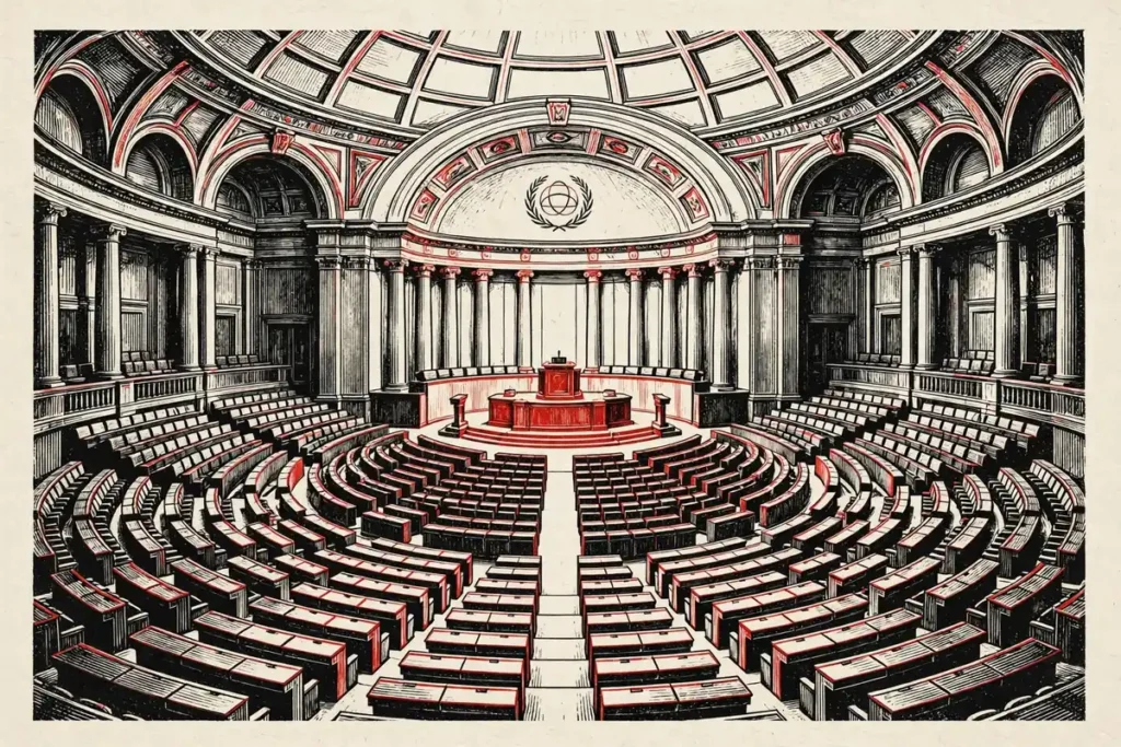 Editorial illustration of a generic parliament chamber with rows of desks and a speaker podium