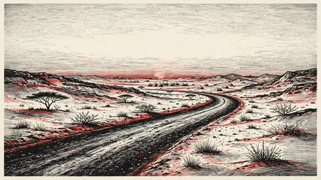 Sudan: One Year After El Fasher's Fall, the Accountability Record 1 Desert road toward a distant Darfur town at dusk, El Fasher displacement illustration