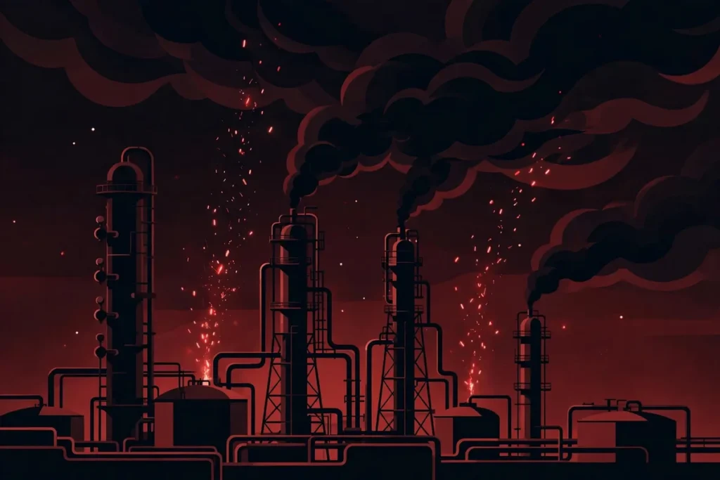 Editorial illustration of a refinery fire after the Ryazan refinery strike, energy ceasefire over