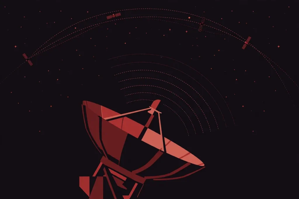 Editorial illustration of a satellite dish, symbolising the US intelligence-sharing rift in the energy ceasefire dispute