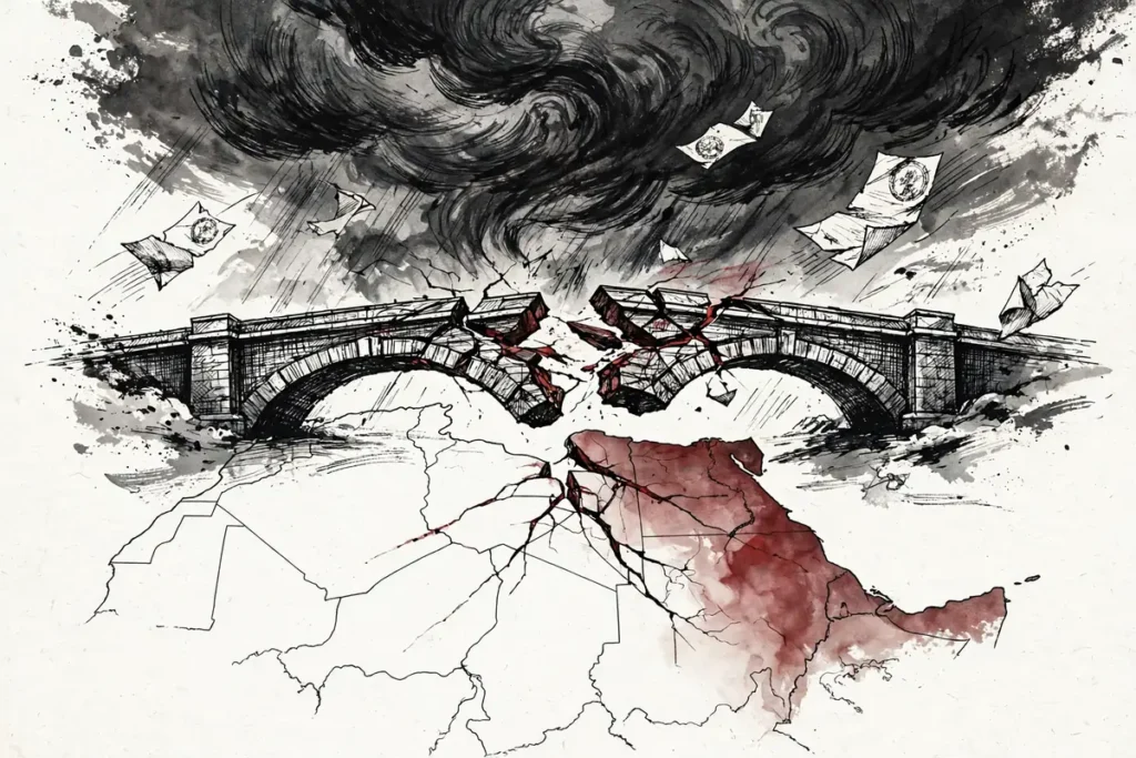 Cracking diplomatic bridge over an abstract map of the Horn of Africa with torn documents, symbolizing the Ethiopia-Eritrea diplomatic rupture
