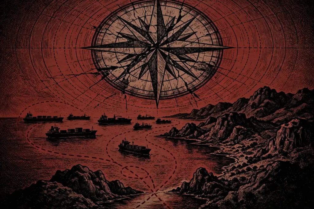 Cargo ships on the Red Sea near the Horn of Africa with a cracked compass rose, illustrating risks to trade routes from the Ethiopia-Eritrea crisis