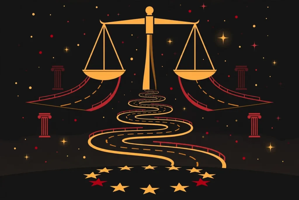 Editorial illustration of scales of justice merged with a winding road toward EU stars, symbolizing rule-of-law safeguard clauses in new EU accession treaties
