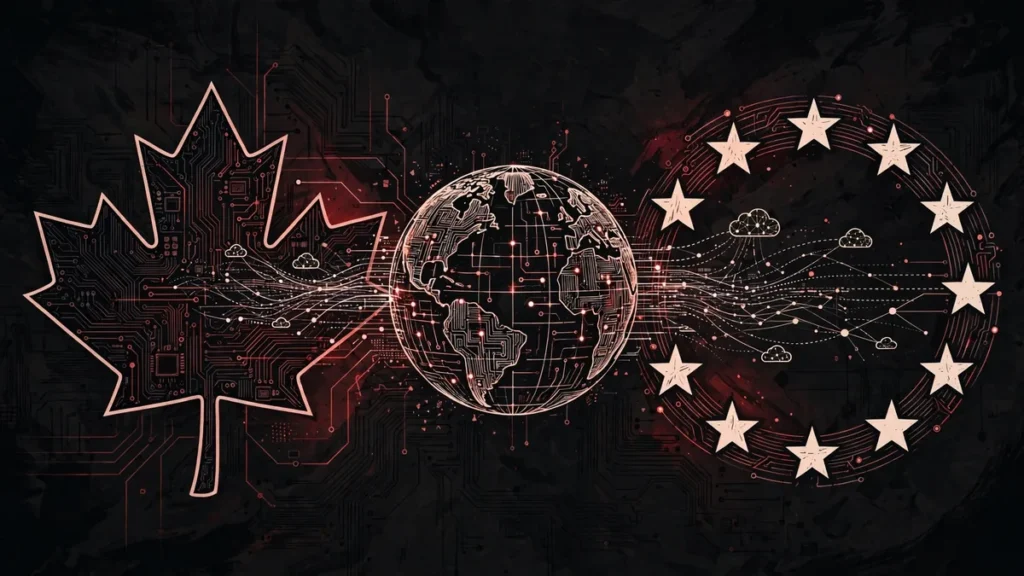 Editorial illustration of the proposed EU-Canada digital trade agreement, with data streams flowing between a maple leaf and a ring of stars